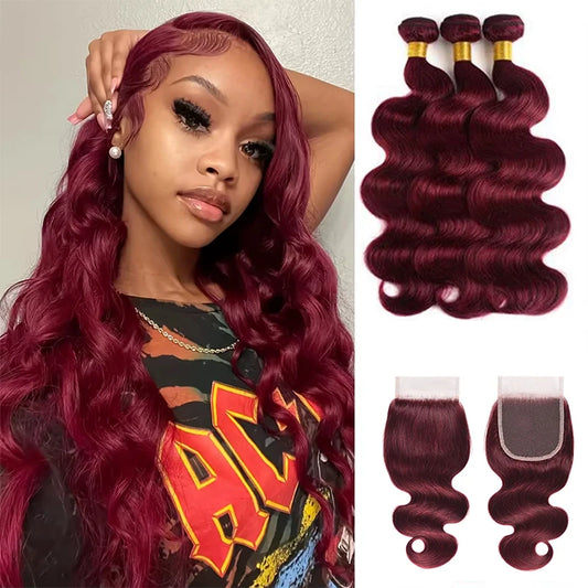 30 Inches Burgundy 99J Body Wave Bundles Colored Wine Human Hair Bundles 4x4 Closure Brazilian Remy Virgin Hair Weave Extensions